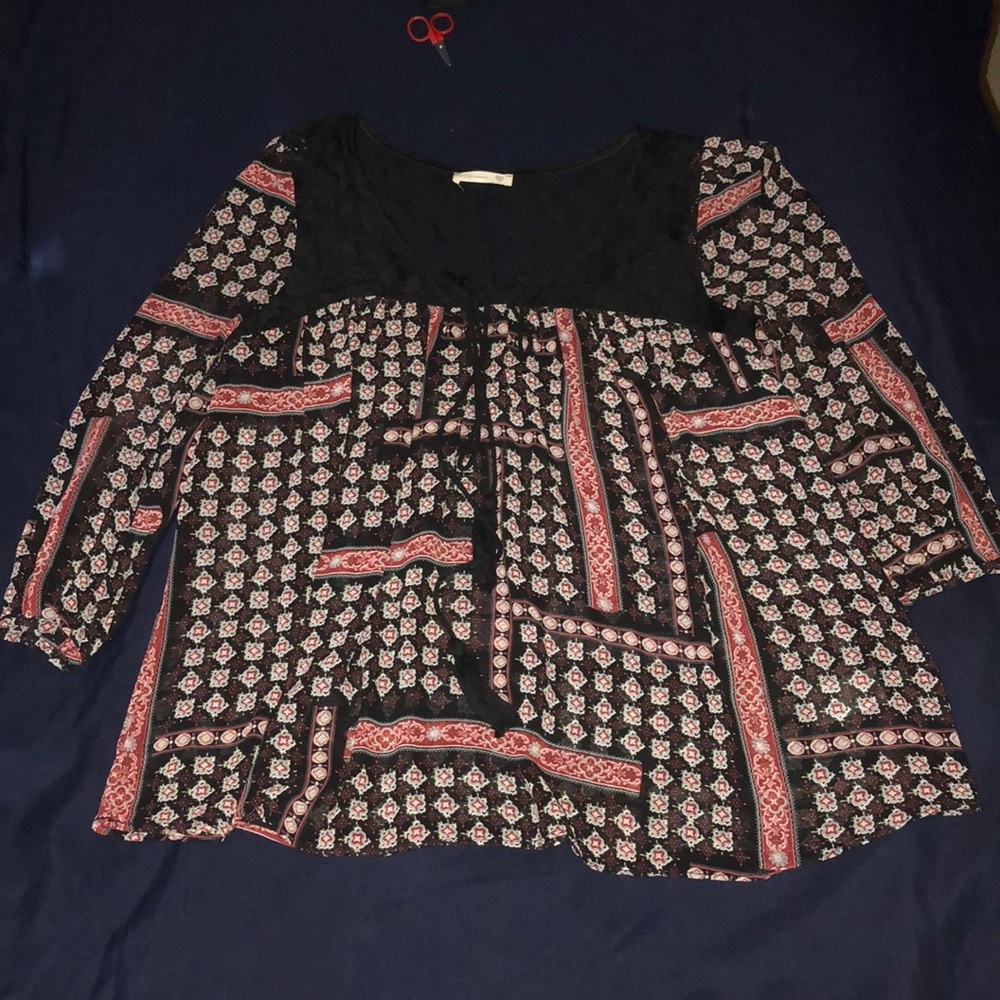 Bohemian Patterned Blouse with Lace Panel